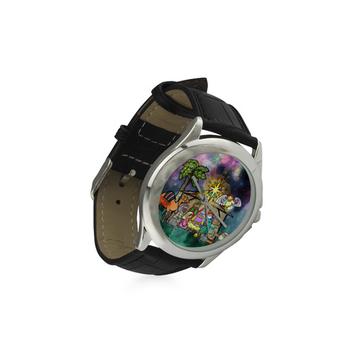 Watercolor Christmas Nativity Painting Women's Classic Leather Strap Watch(Model 203)