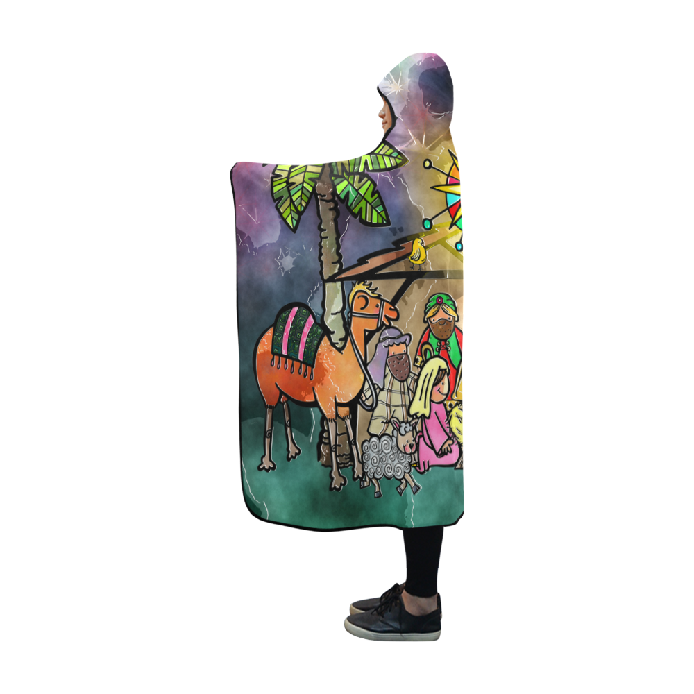 Watercolor Christmas Nativity Painting Hooded Blanket 60''x50''
