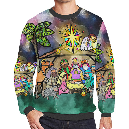 Watercolor Christmas Nativity Painting Men's Oversized Fleece Crew Sweatshirt (Model H18)