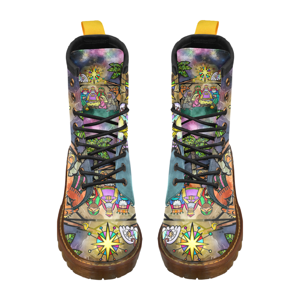 Watercolor Christmas Nativity Painting High Grade PU Leather Martin Boots For Women Model 402H