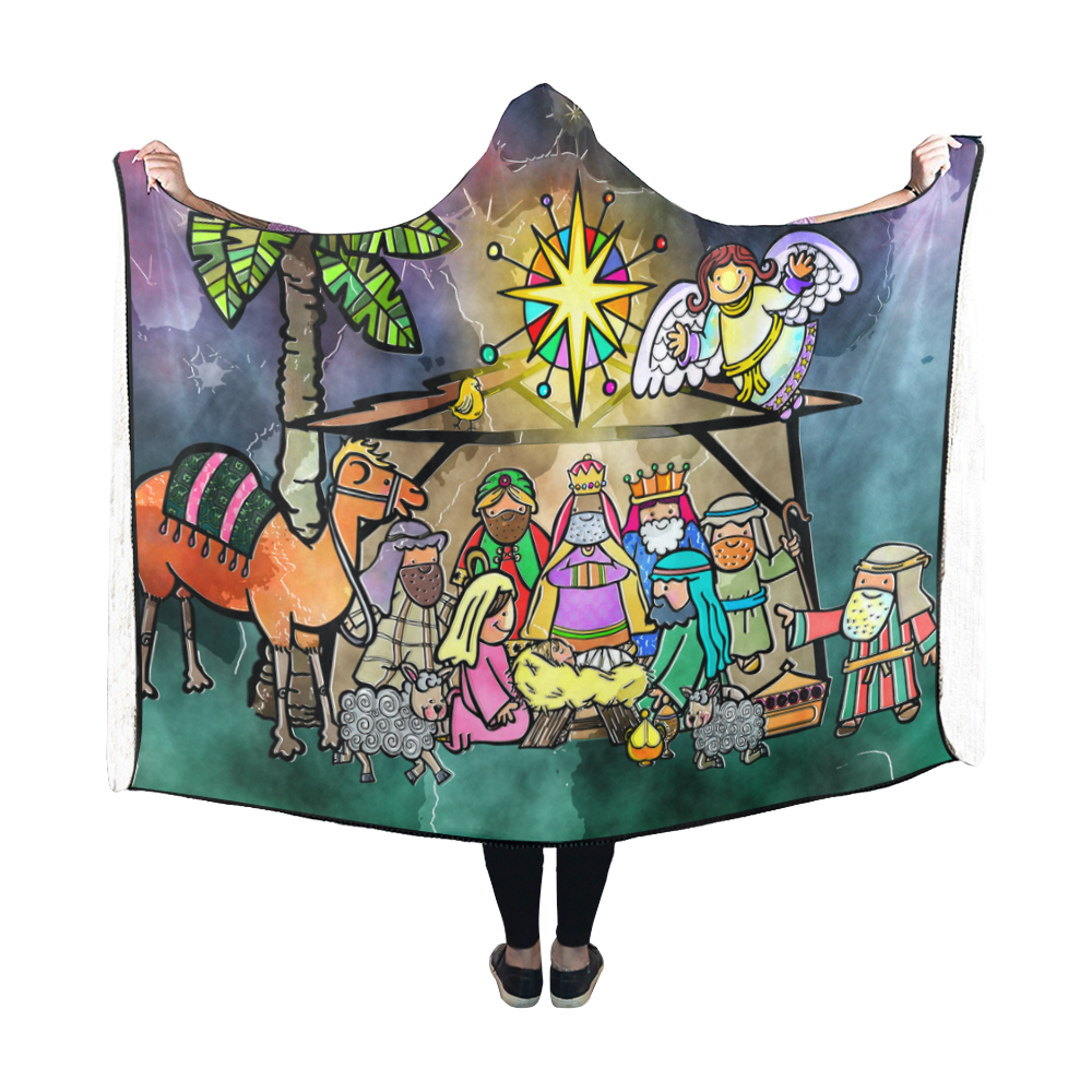 Watercolor Christmas Nativity Painting Hooded Blanket 60''x50''