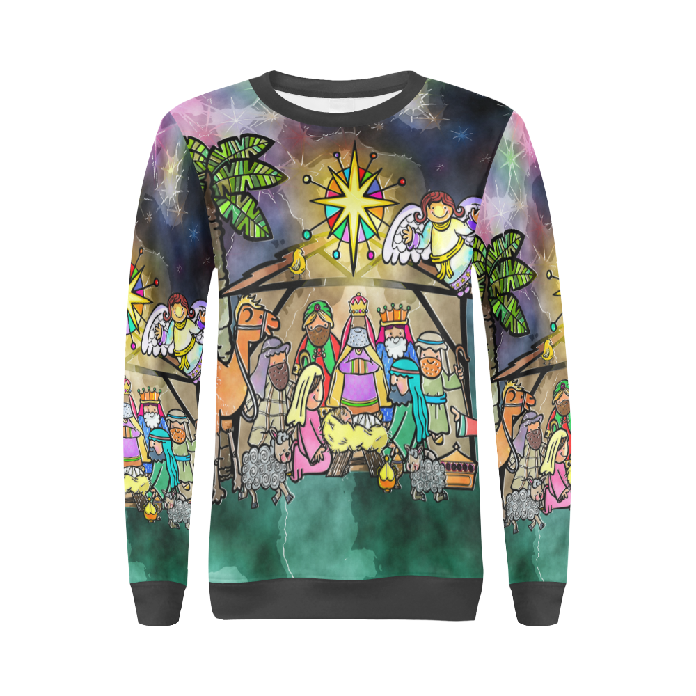 Watercolor Christmas Nativity Painting All Over Print Crewneck Sweatshirt for Women (Model H18)