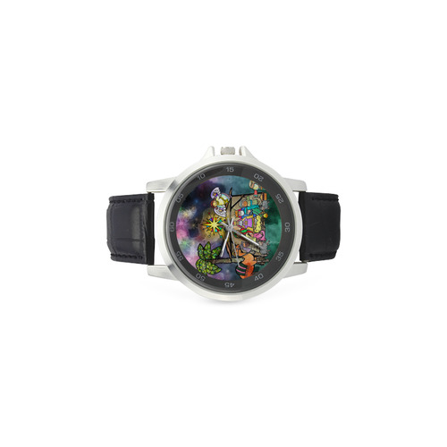 Watercolor Christmas Nativity Painting Unisex Stainless Steel Leather Strap Watch(Model 202)