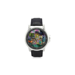 Watercolor Christmas Nativity Painting Unisex Stainless Steel Leather Strap Watch(Model 202)