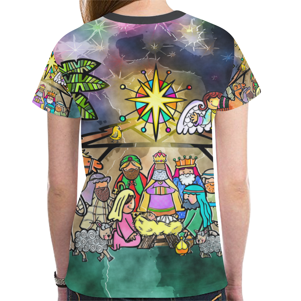 Watercolor Christmas Nativity Painting New All Over Print T-shirt for Women (Model T45)
