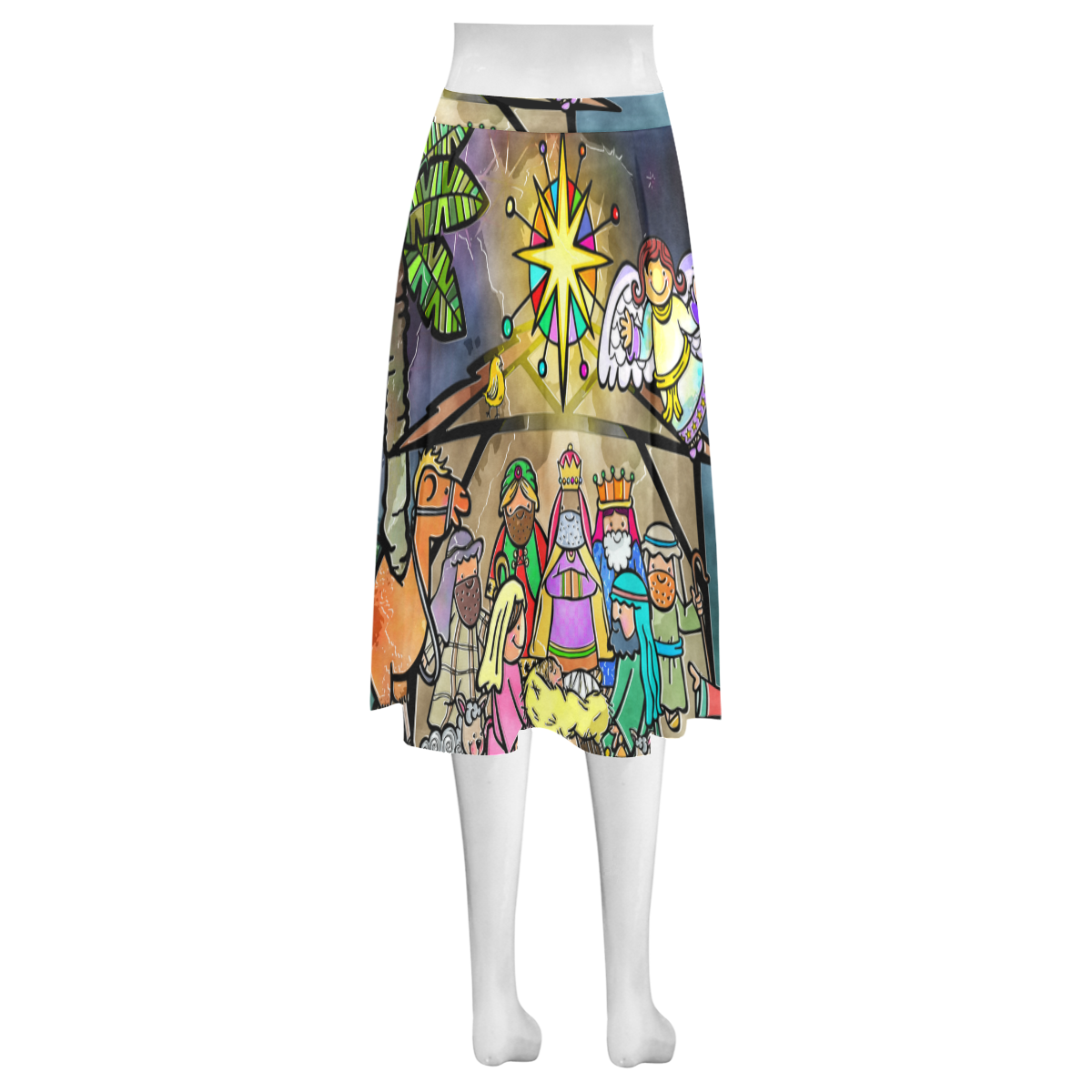 Watercolor Christmas Nativity Painting Mnemosyne Women's Crepe Skirt (Model D16)