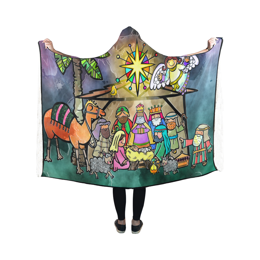 Watercolor Christmas Nativity Painting Hooded Blanket 50''x40''