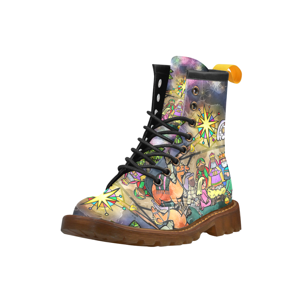 Watercolor Christmas Nativity Painting High Grade PU Leather Martin Boots For Women Model 402H