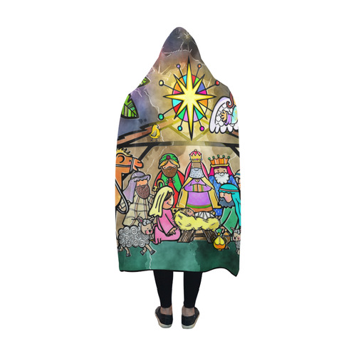 Watercolor Christmas Nativity Painting Hooded Blanket 60''x50''