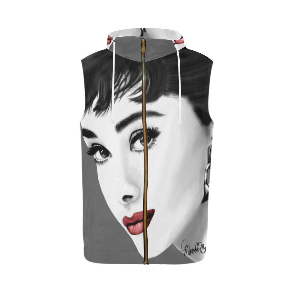 Audrey Hepburn with Red Lips All Over Print Sleeveless Zip Up Hoodie for Men (Model H16)