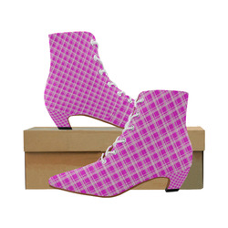 checkered Fabric pink by FeelGood Women's Pointed Toe Low Heel Booties (Model 052)
