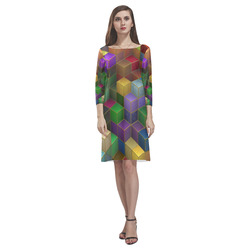 Geometric Rainbow Cubes Texture Rhea Loose Round Neck Dress(Model D22)