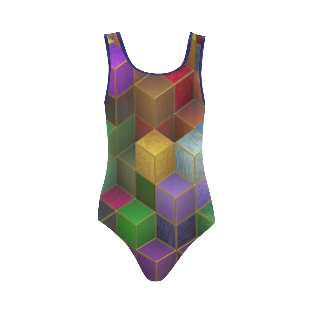 Geometric Rainbow Cubes Texture Vest One Piece Swimsuit (Model S04)