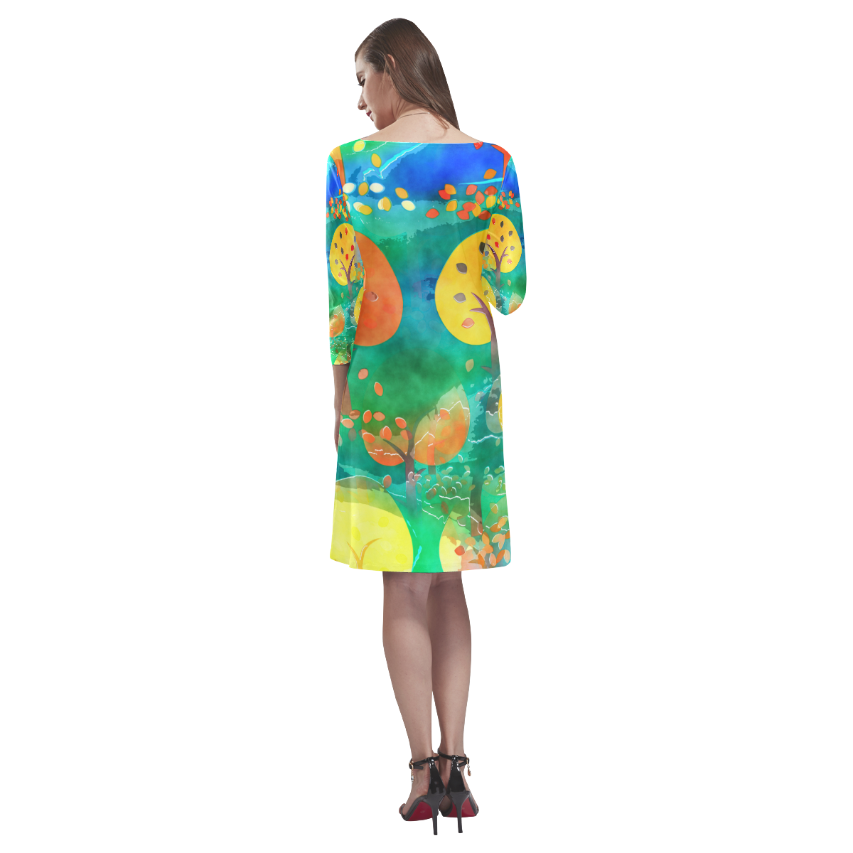 Watercolor Fall Forest Rhea Loose Round Neck Dress(Model D22)