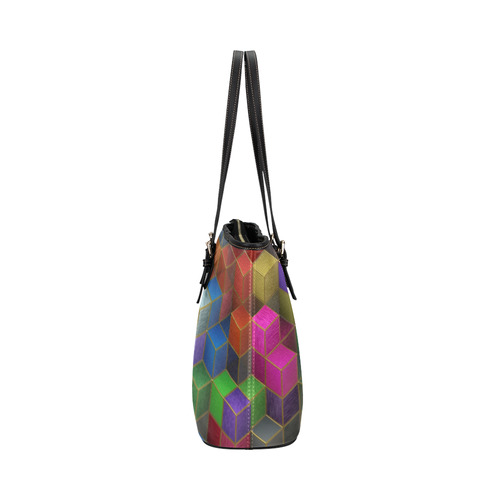 Geometric Rainbow Cubes Texture Leather Tote Bag/Large (Model 1651)