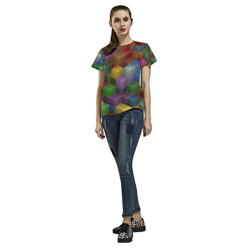 Geometric Rainbow Cubes Texture All Over Print T-Shirt for Women (USA Size) (Model T40)