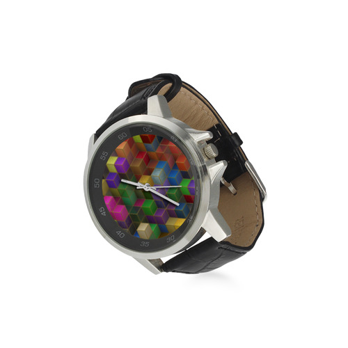 Geometric Rainbow Cubes Texture Unisex Stainless Steel Leather Strap Watch(Model 202)