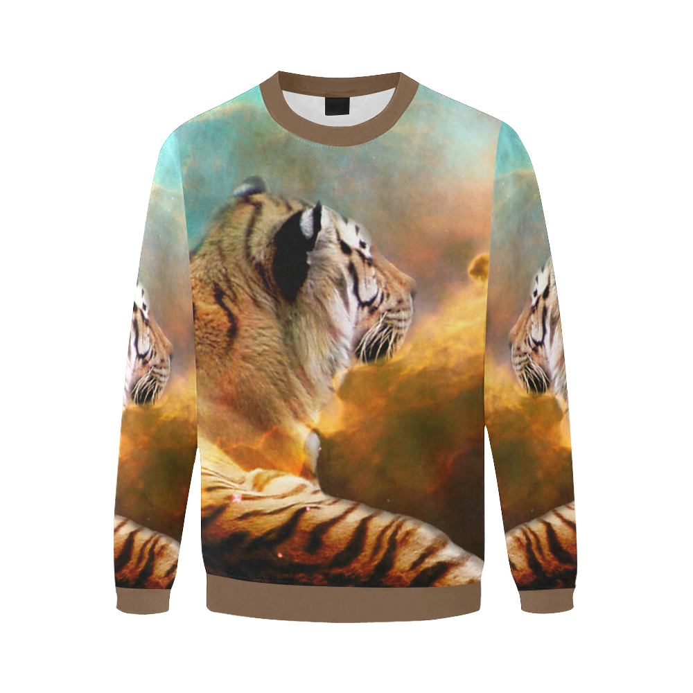 Tiger and Nebula Men's Oversized Fleece Crew Sweatshirt/Large Size(Model H18)