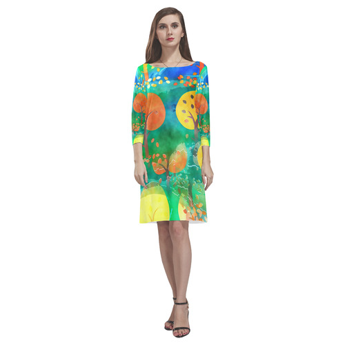 Watercolor Fall Forest Rhea Loose Round Neck Dress(Model D22)