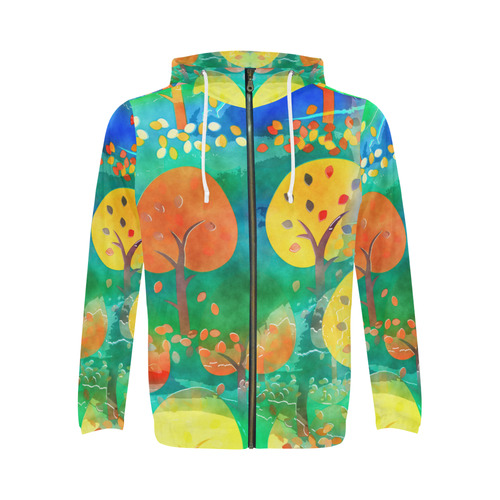 Watercolor Fall Forest All Over Print Full Zip Hoodie for Men (Model H14)