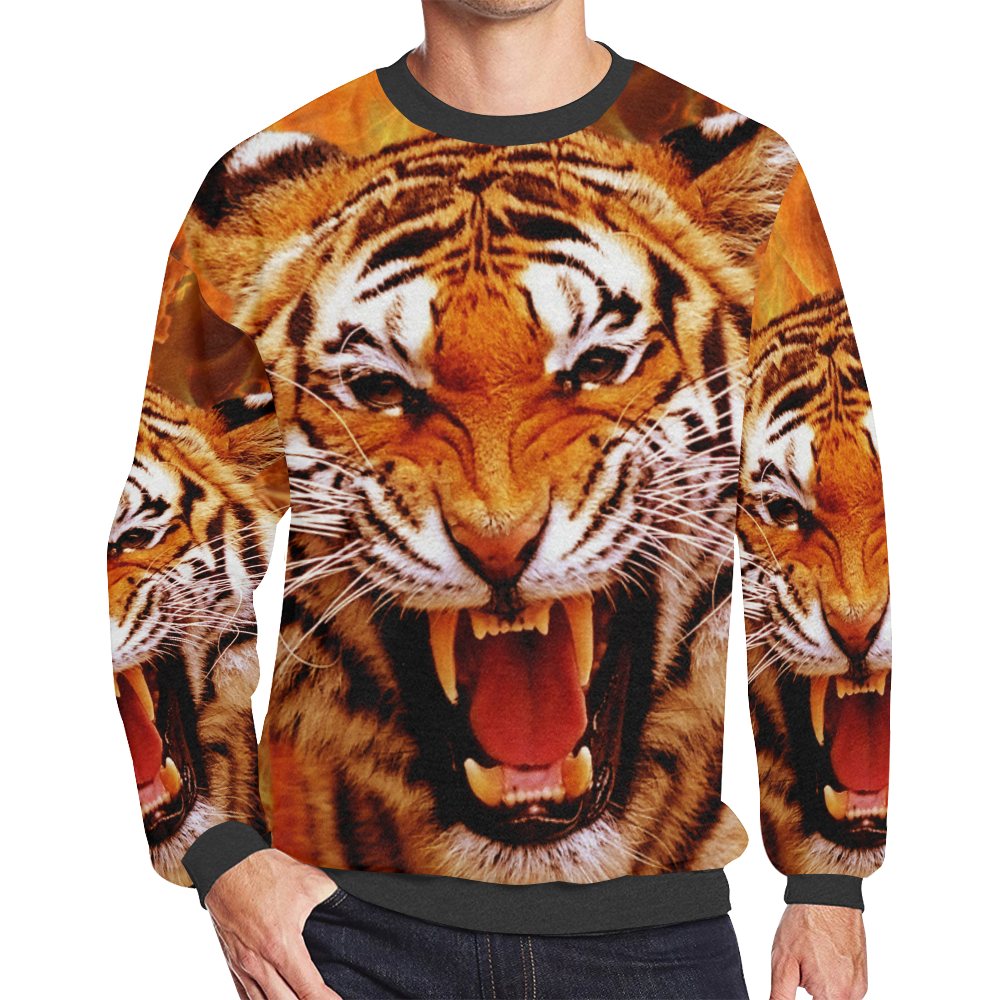 Tiger and Flame Men's Oversized Fleece Crew Sweatshirt/Large Size(Model H18)