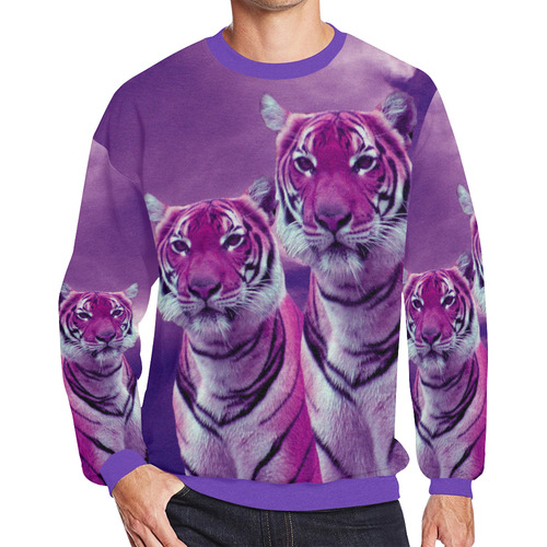 Purple Tigers Men's Oversized Fleece Crew Sweatshirt/Large Size(Model H18)