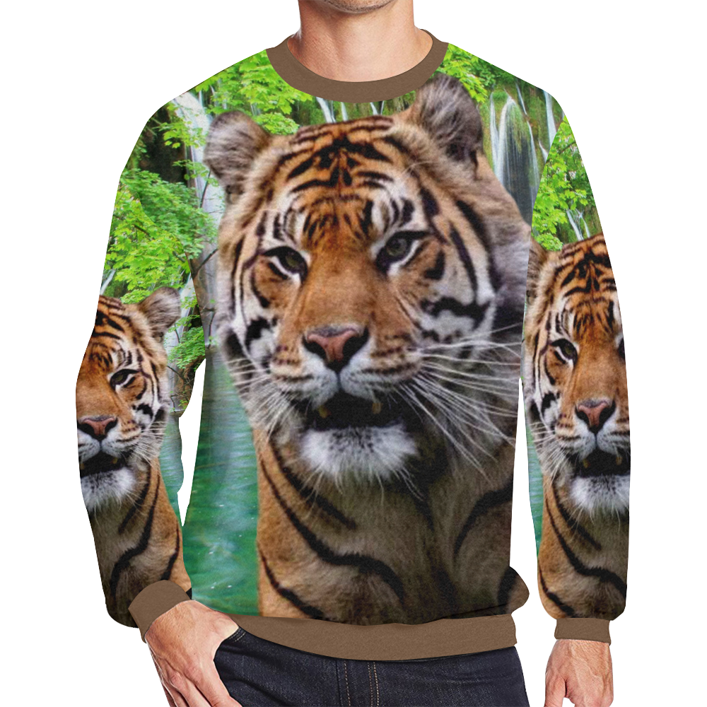 Tiger and Waterfall Men's Oversized Fleece Crew Sweatshirt/Large Size(Model H18)
