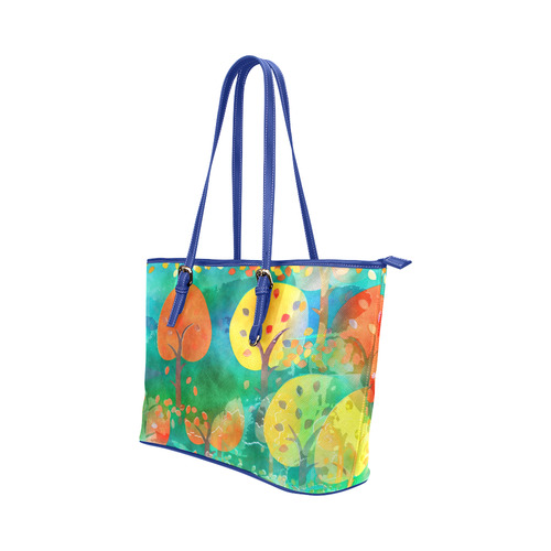 Watercolor Fall Forest Leather Tote Bag/Large (Model 1651)