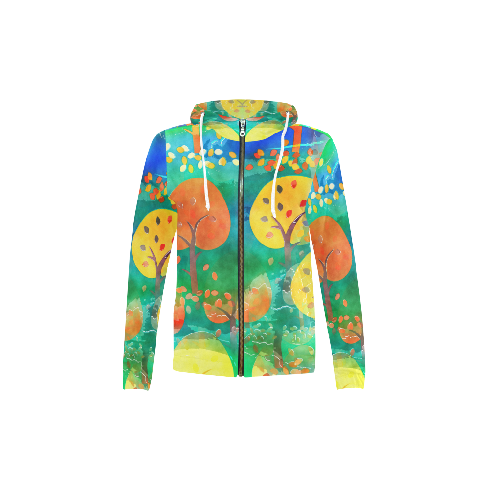 Watercolor Fall Forest All Over Print Full Zip Hoodie for Kid (Model H14)