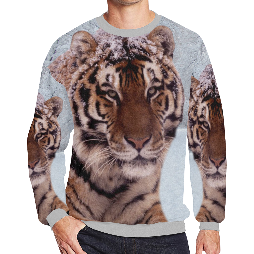Tiger and Snow Men's Oversized Fleece Crew Sweatshirt/Large Size(Model H18)