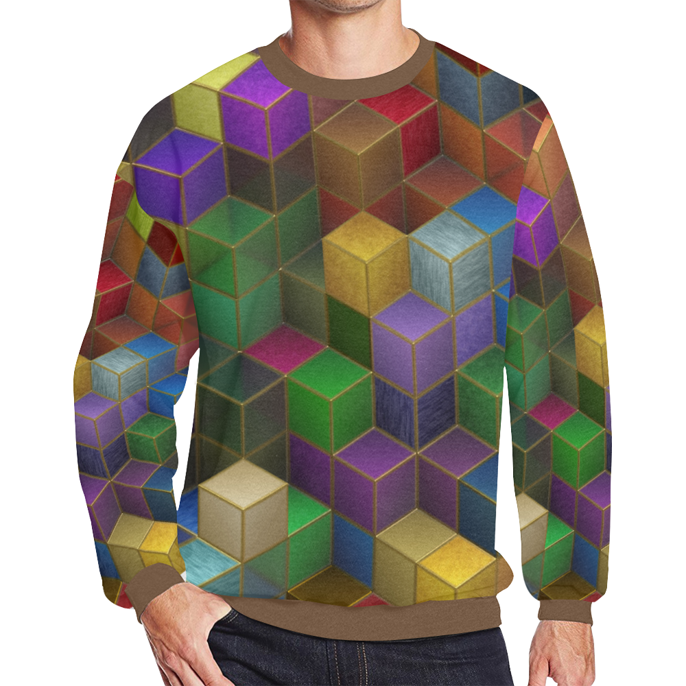Geometric Rainbow Cubes Texture Men's Oversized Fleece Crew Sweatshirt (Model H18)