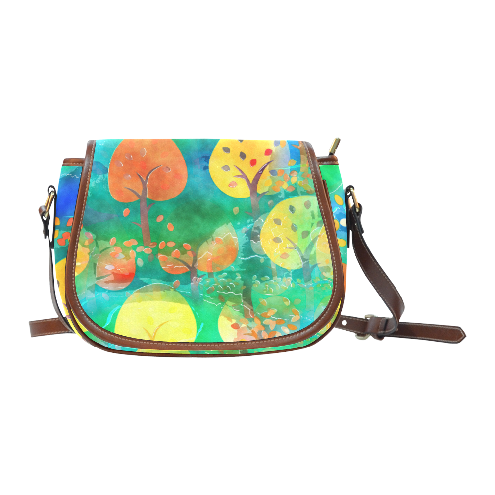 Watercolor Fall Forest Saddle Bag/Small (Model 1649) Full Customization
