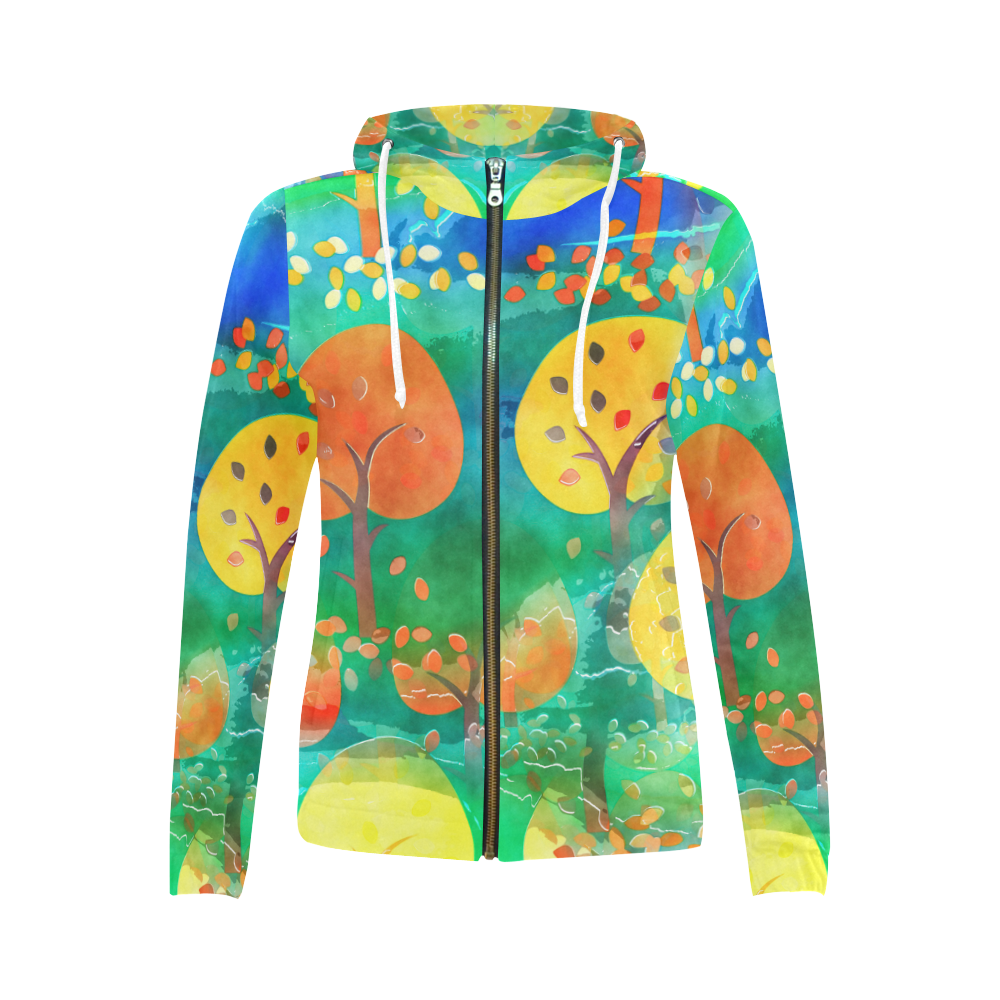 Watercolor Fall Forest All Over Print Full Zip Hoodie for Women (Model H14)