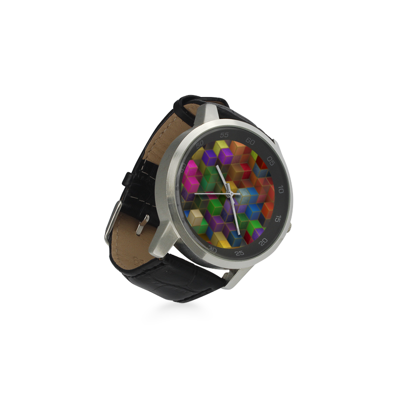 Geometric Rainbow Cubes Texture Unisex Stainless Steel Leather Strap Watch(Model 202)