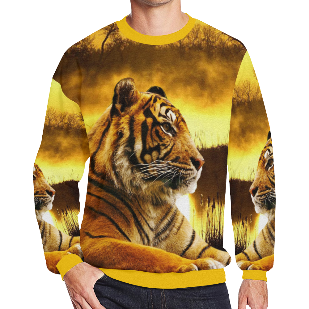Tiger and Sunset Men's Oversized Fleece Crew Sweatshirt/Large Size(Model H18)