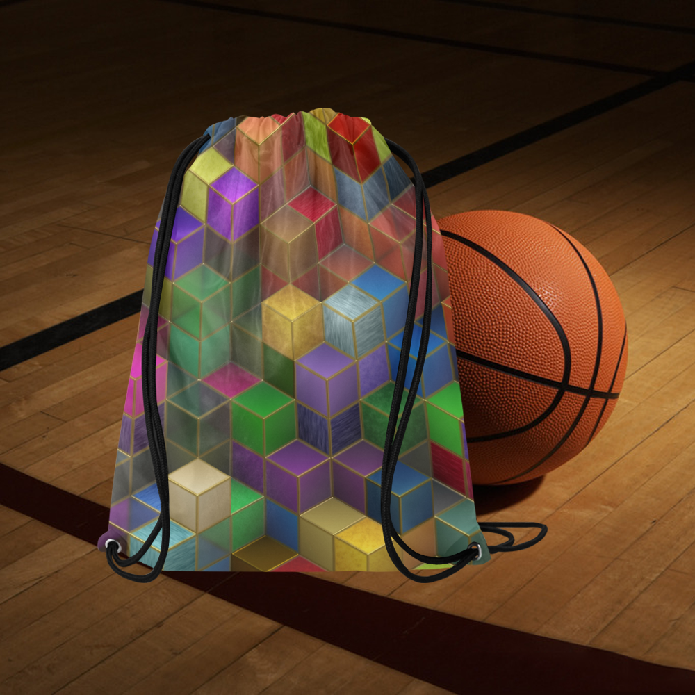 Geometric Rainbow Cubes Texture Large Drawstring Bag Model 1604 (Twin Sides)  16.5"(W) * 19.3"(H)
