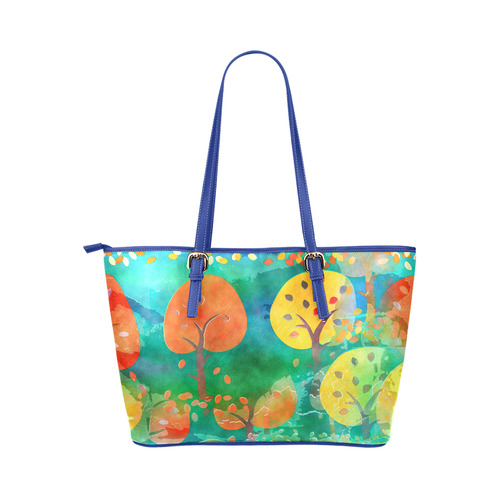 Watercolor Fall Forest Leather Tote Bag/Large (Model 1651)