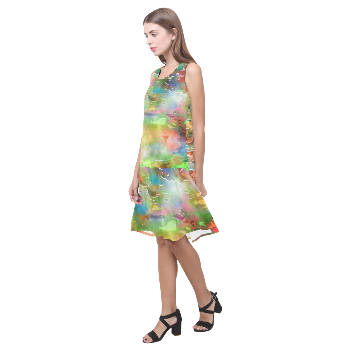 Watercolor Paint Wash Sleeveless Splicing Shift Dress(Model D17)