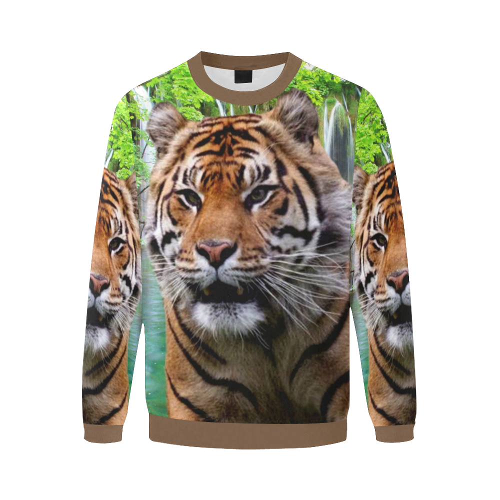 Tiger and Waterfall Men's Oversized Fleece Crew Sweatshirt/Large Size(Model H18)
