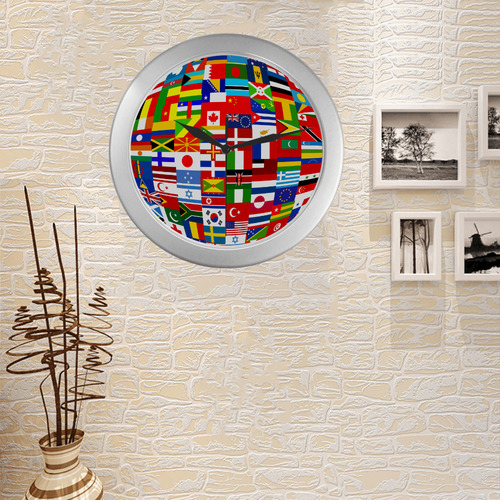 International Travel Flag World Silver Color Wall Clock