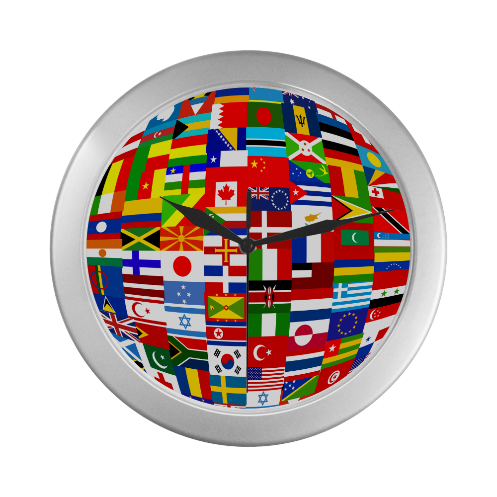 International Travel Flag World Silver Color Wall Clock