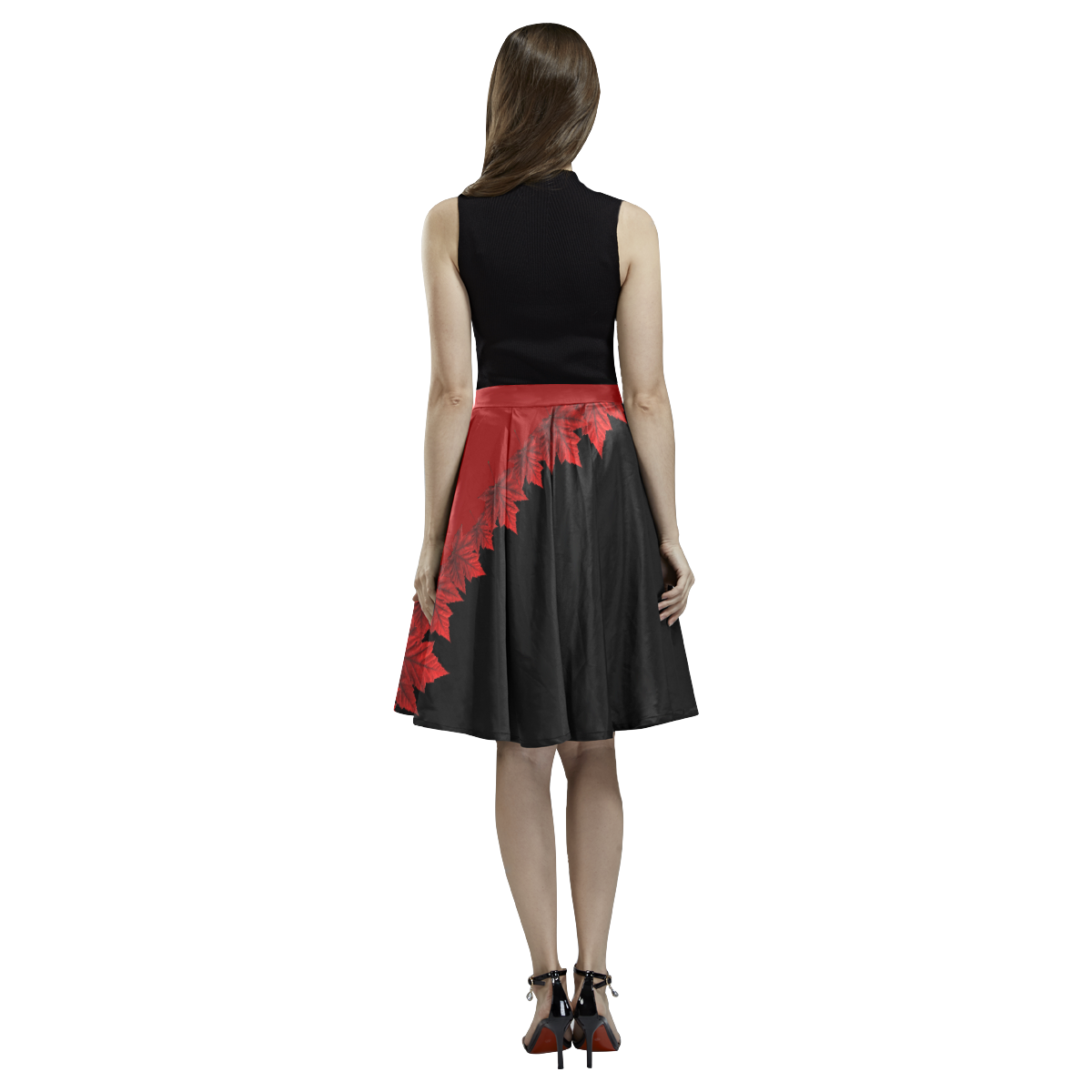 Canada Maple Leaf Skirts Black Autumn Leaves Melete Pleated Midi Skirt (Model D15)