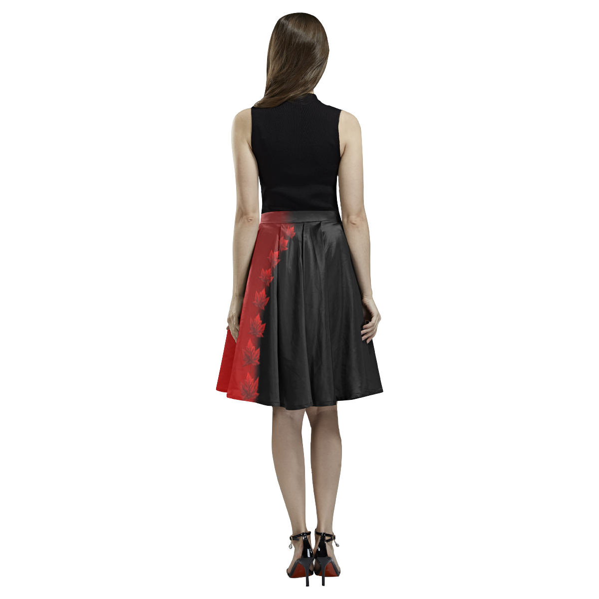 Canada Maple Leaf Skirts Black and Red Melete Pleated Midi Skirt (Model D15)