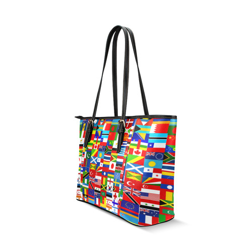 World Flag Montage Leather Tote Bag/Small (Model 1640)