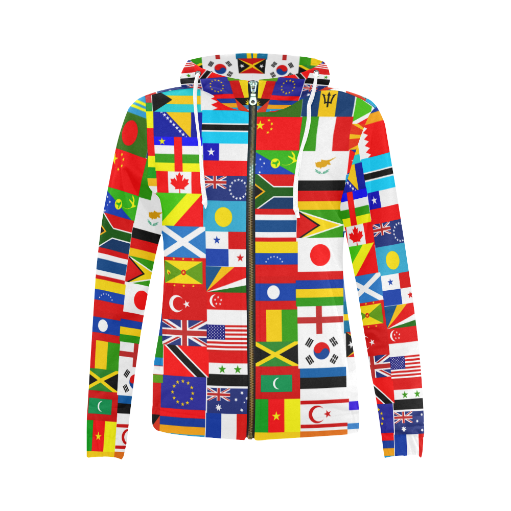 World Flag Montage All Over Print Full Zip Hoodie for Women (Model H14)