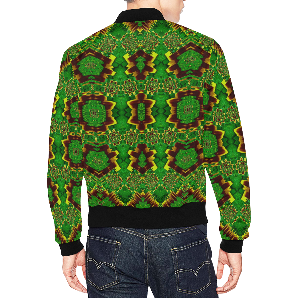 golden flowers in the green soft and silky All Over Print Bomber Jacket for Men (Model H19)
