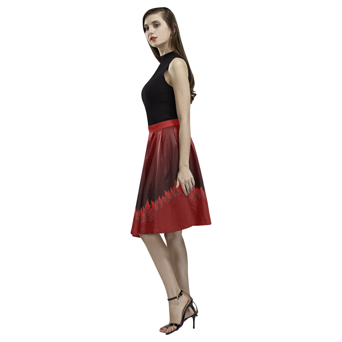 Canada Autumn Maple Leaf Skirts Melete Pleated Midi Skirt (Model D15)