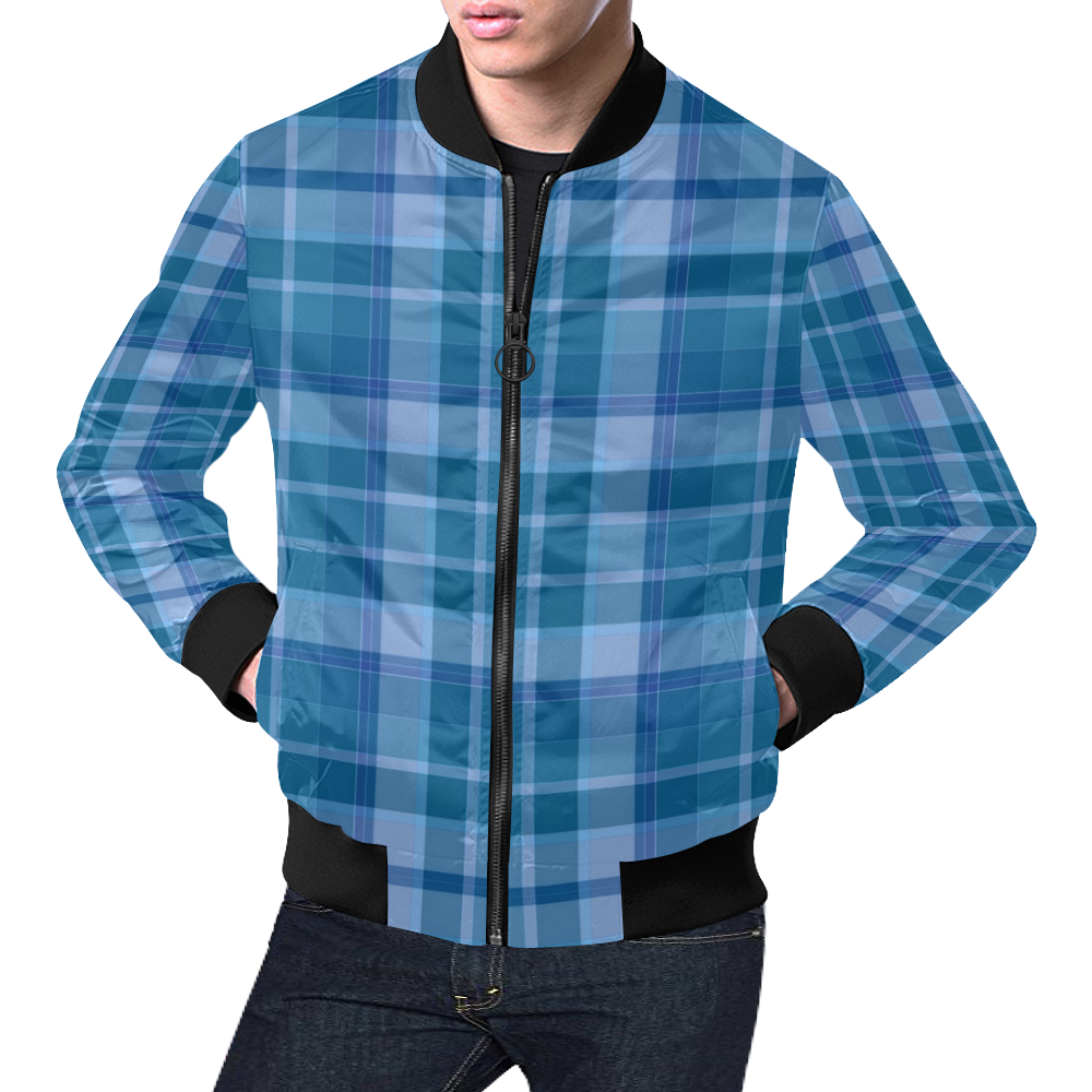 Shades of Blue Plaid All Over Print Bomber Jacket for Men (Model H19)