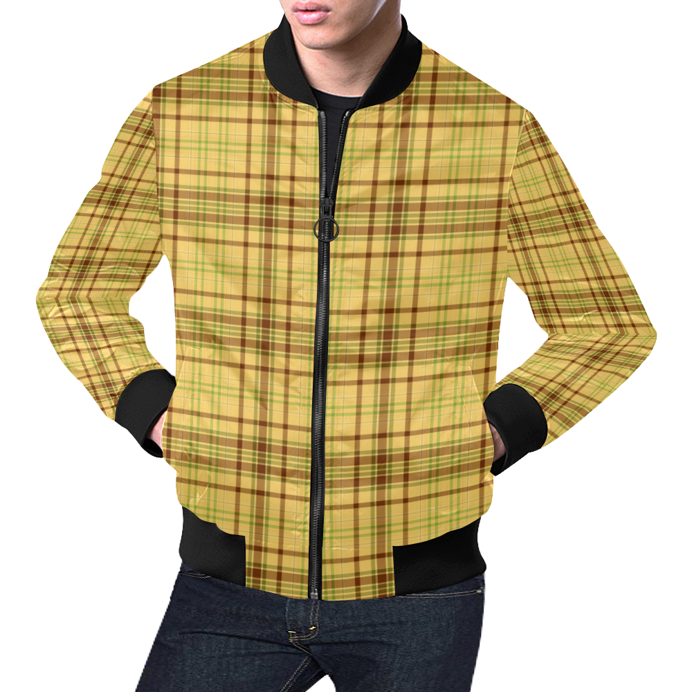 Yellow Brown Plaid All Over Print Bomber Jacket for Men (Model H19)