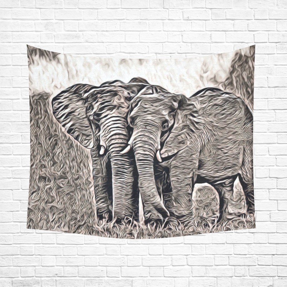 Rustic Style - Elephants by JamColors Cotton Linen Wall Tapestry 60"x 51"